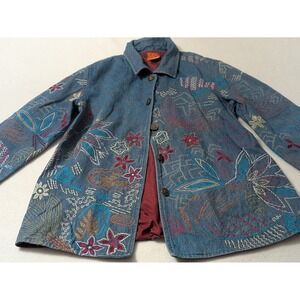 Anu by Natural Denim Jean Jacket  Embroidered Sz Medium Boho Lagenlook